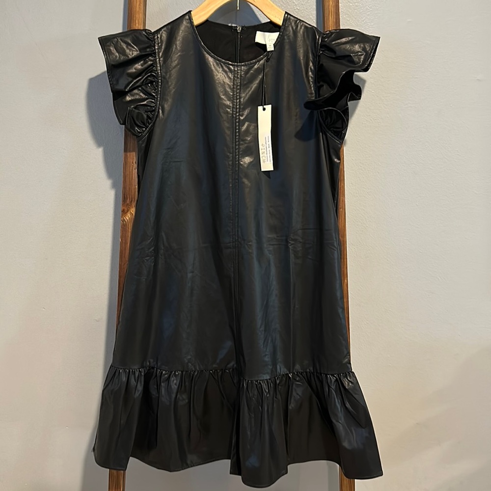 NWT Pinch flutter sleeve faux leather Desi Mini Dress